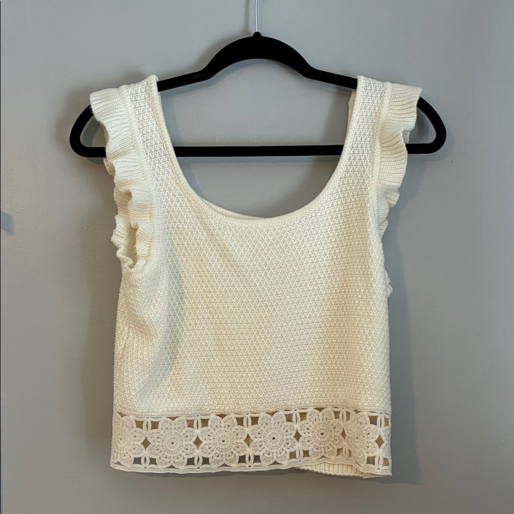 Elegant White Ruffle Trim Crochet Top